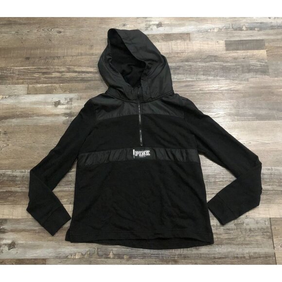 Victoria's Secret Pink Large Black 1/4 Zip Hoodie Sweatshirt Pullover - Picture 1 of 5